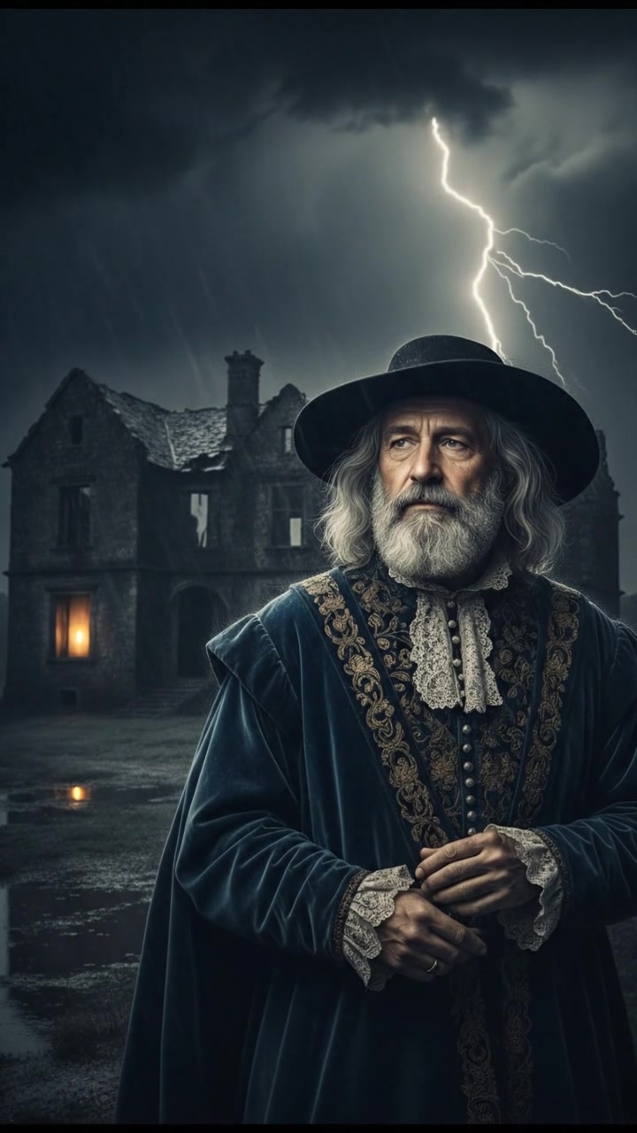 standing in front of an ancient mansion during a thunderstorm, lightning illuminating the scene