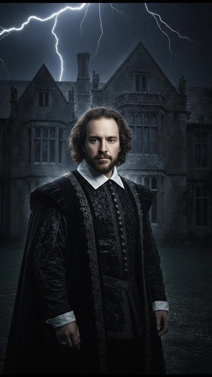 standing in front of an ancient mansion during a thunderstorm, lightning illuminating the scene