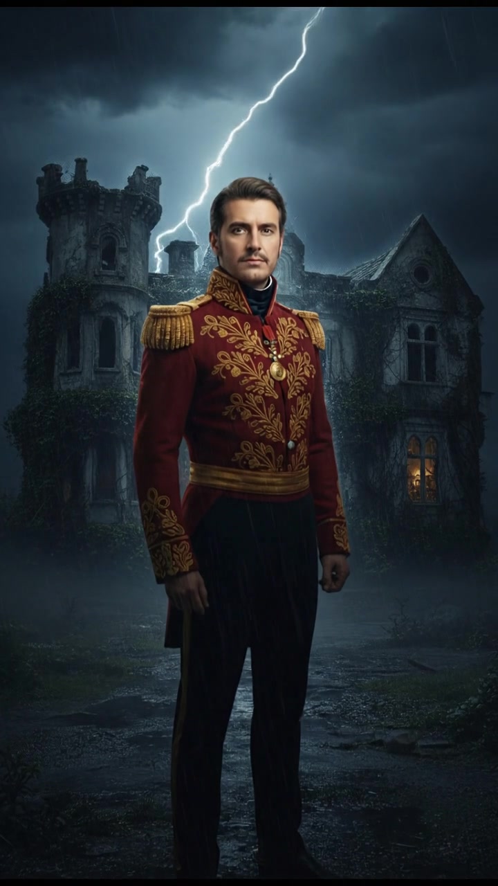 standing in front of an ancient mansion during a thunderstorm, lightning illuminating the scene