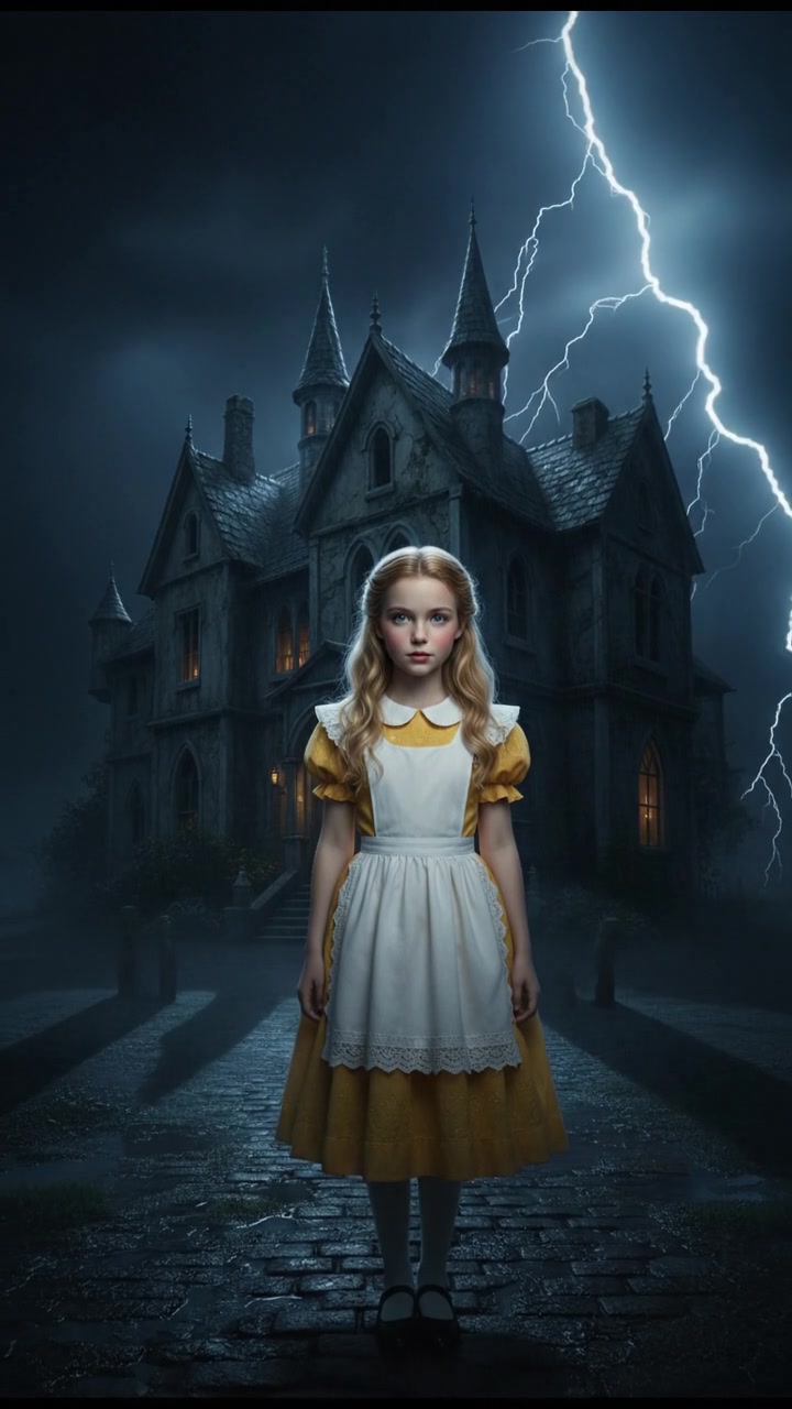 standing in front of an ancient mansion during a thunderstorm, lightning illuminating the scene