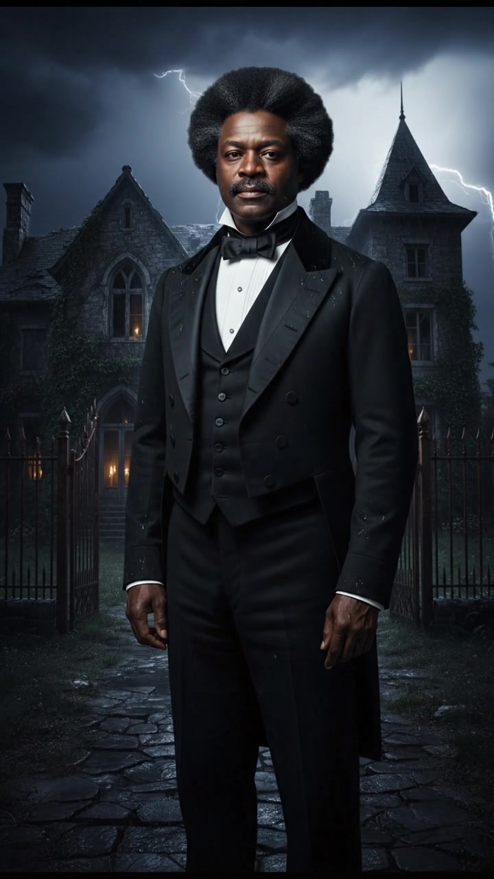 standing in front of an ancient mansion during a thunderstorm, lightning illuminating the scene