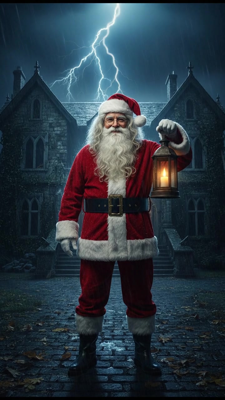 standing in front of an ancient mansion during a thunderstorm, lightning illuminating the scene