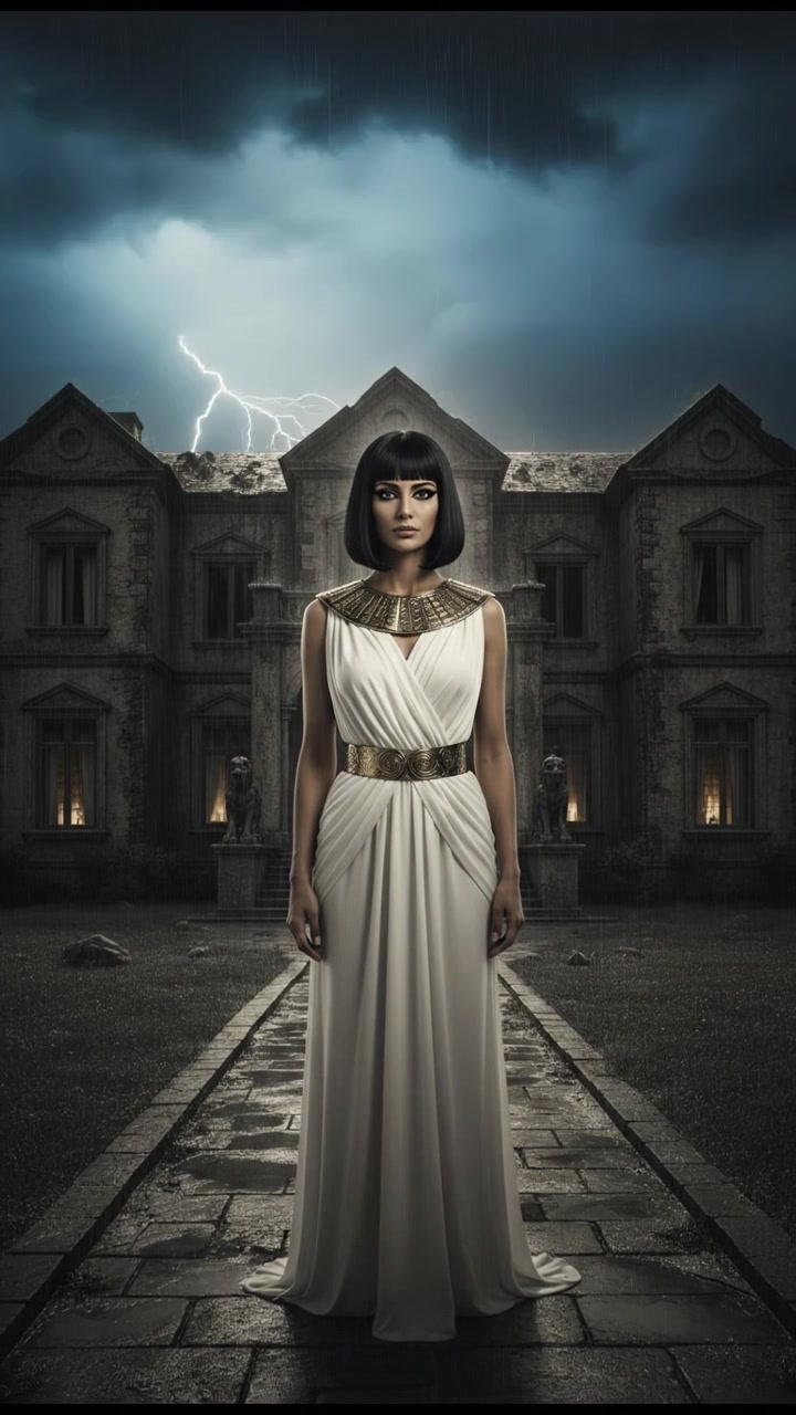 standing in front of an ancient mansion during a thunderstorm, lightning illuminating the scene