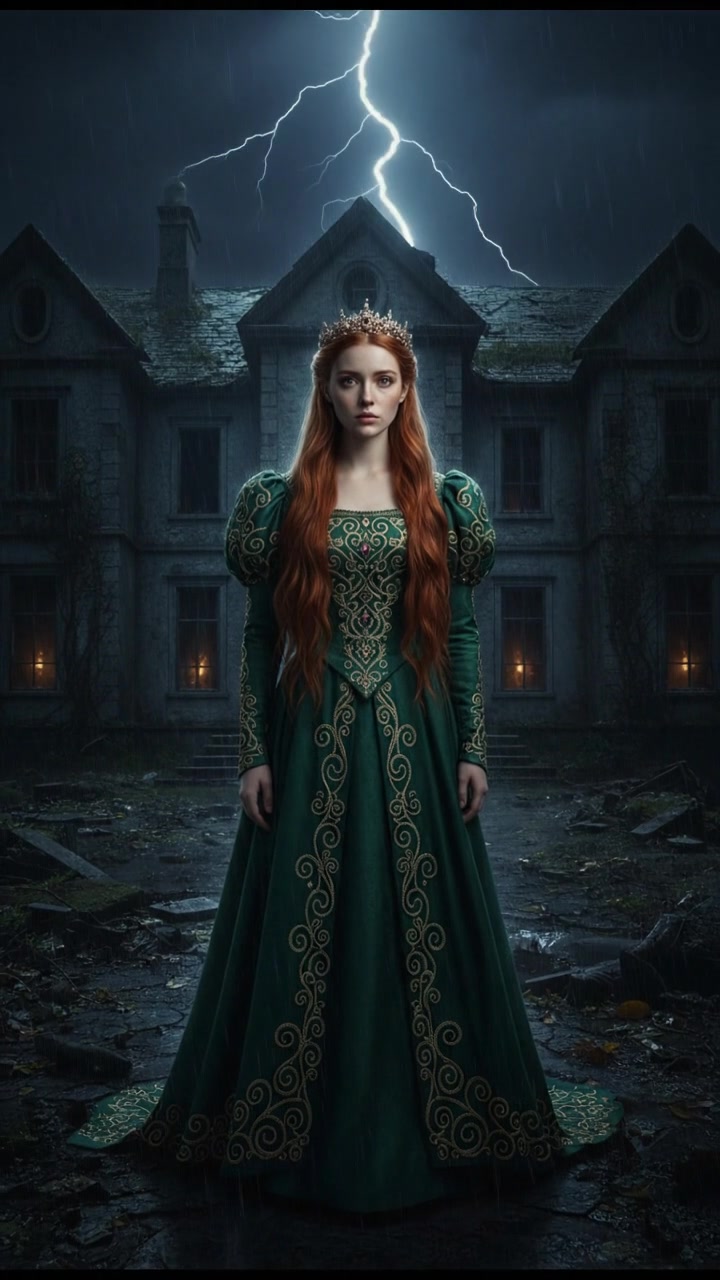 standing in front of an ancient mansion during a thunderstorm, lightning illuminating the scene