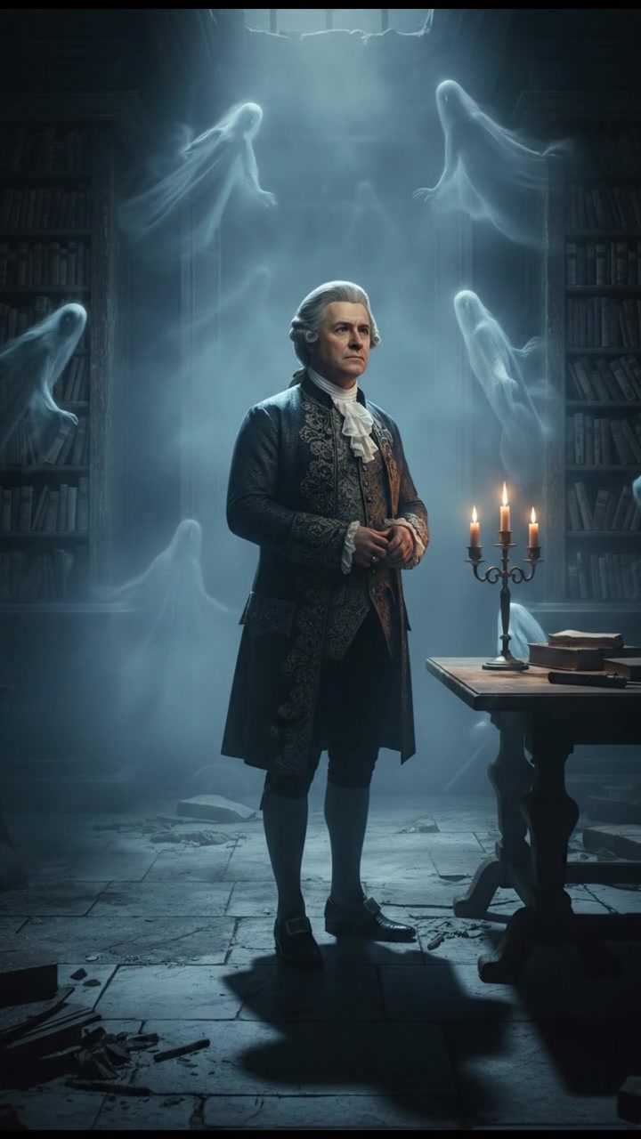 surrounded by ghosts or spirits emerging from the mist, cold light and tense silence