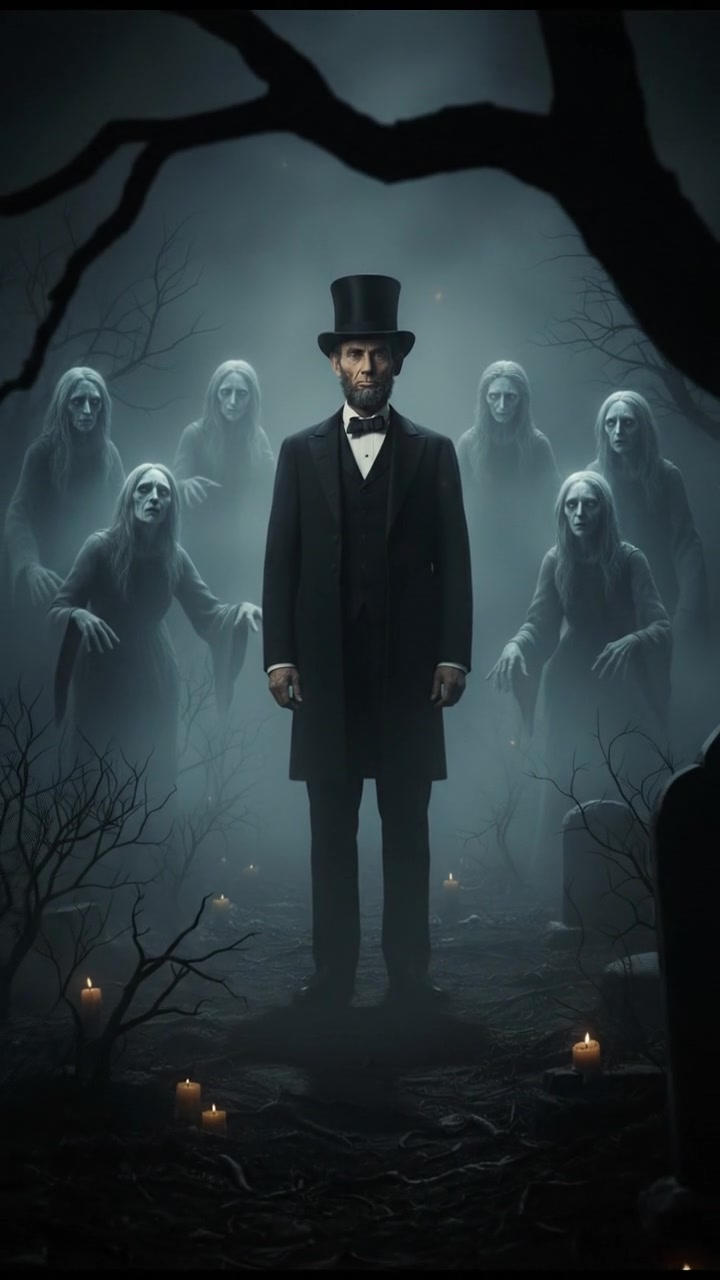 surrounded by ghosts or spirits emerging from the mist, cold light and tense silence