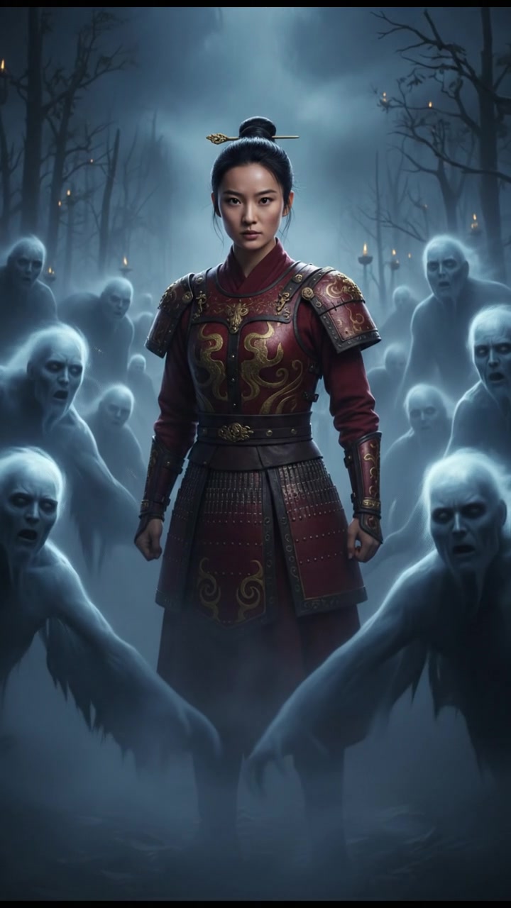 surrounded by ghosts or spirits emerging from the mist, cold light and tense silence