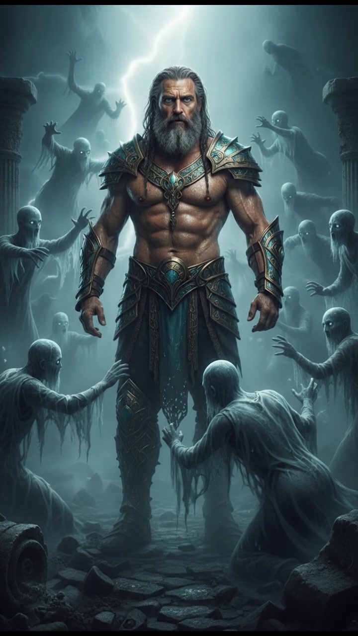 surrounded by ghosts or spirits emerging from the mist, cold light and tense silence