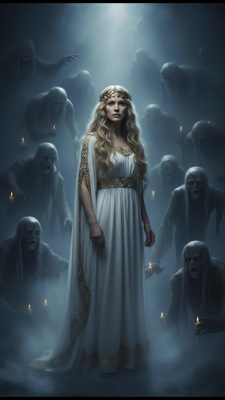 surrounded by ghosts or spirits emerging from the mist, cold light and tense silence