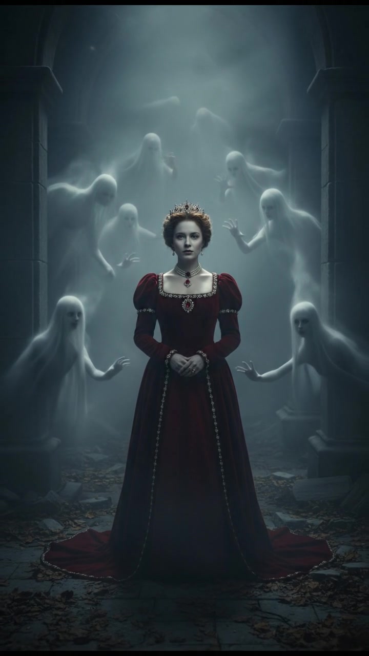 surrounded by ghosts or spirits emerging from the mist, cold light and tense silence