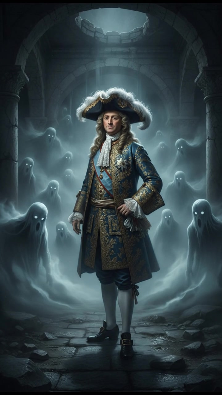 surrounded by ghosts or spirits emerging from the mist, cold light and tense silence