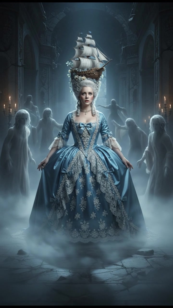 surrounded by ghosts or spirits emerging from the mist, cold light and tense silence