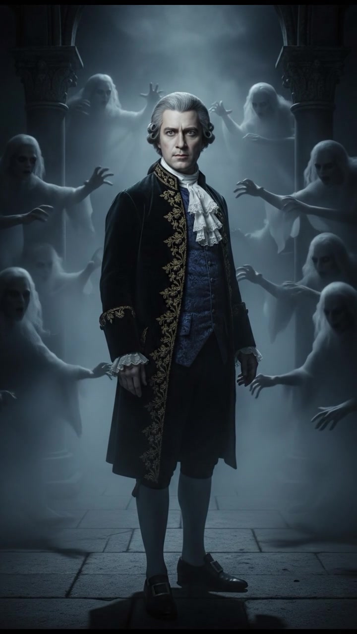 surrounded by ghosts or spirits emerging from the mist, cold light and tense silence