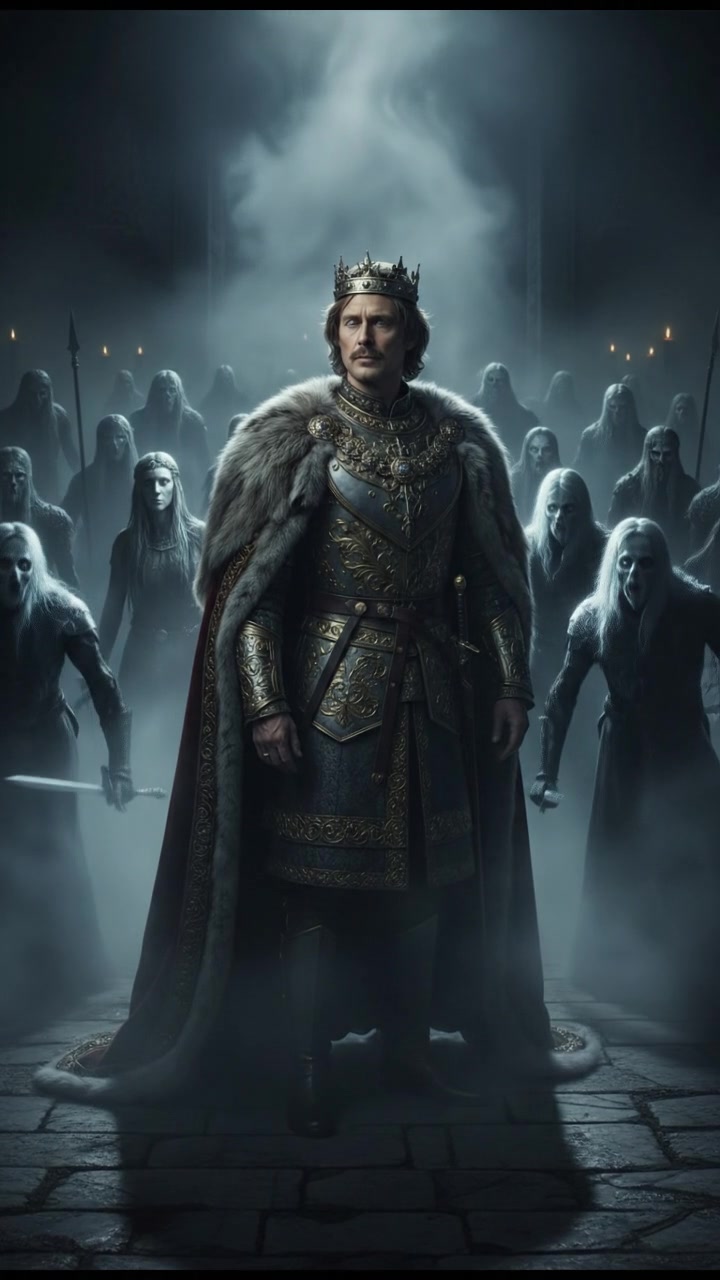 surrounded by ghosts or spirits emerging from the mist, cold light and tense silence