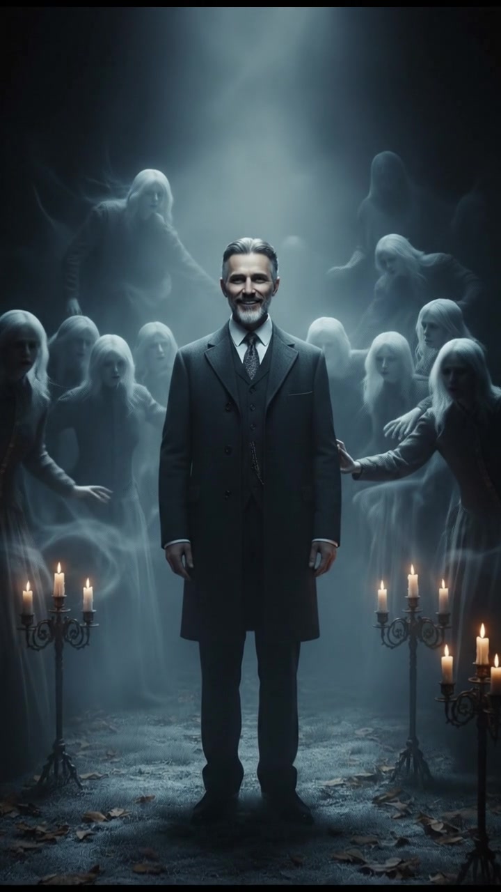 surrounded by ghosts or spirits emerging from the mist, cold light and tense silence