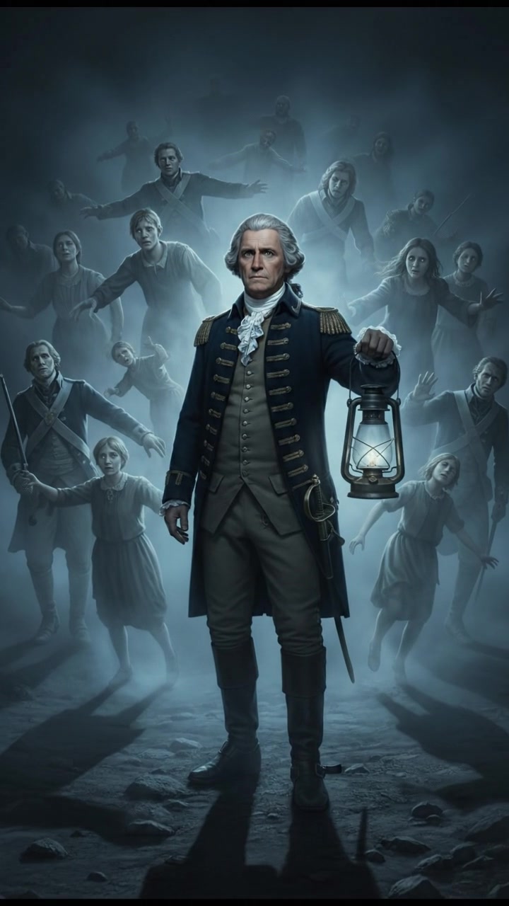 surrounded by ghosts or spirits emerging from the mist, cold light and tense silence