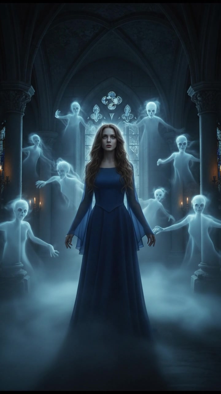 surrounded by ghosts or spirits emerging from the mist, cold light and tense silence