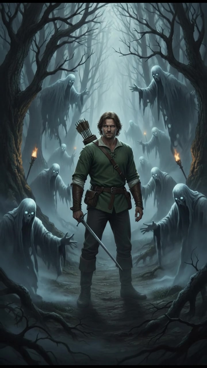 surrounded by ghosts or spirits emerging from the mist, cold light and tense silence