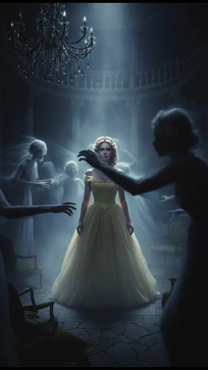 surrounded by ghosts or spirits emerging from the mist, cold light and tense silence