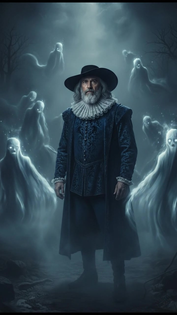 surrounded by ghosts or spirits emerging from the mist, cold light and tense silence