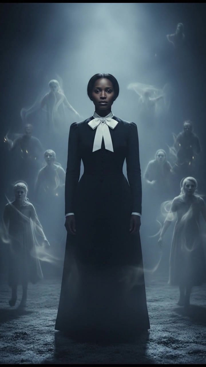 surrounded by ghosts or spirits emerging from the mist, cold light and tense silence