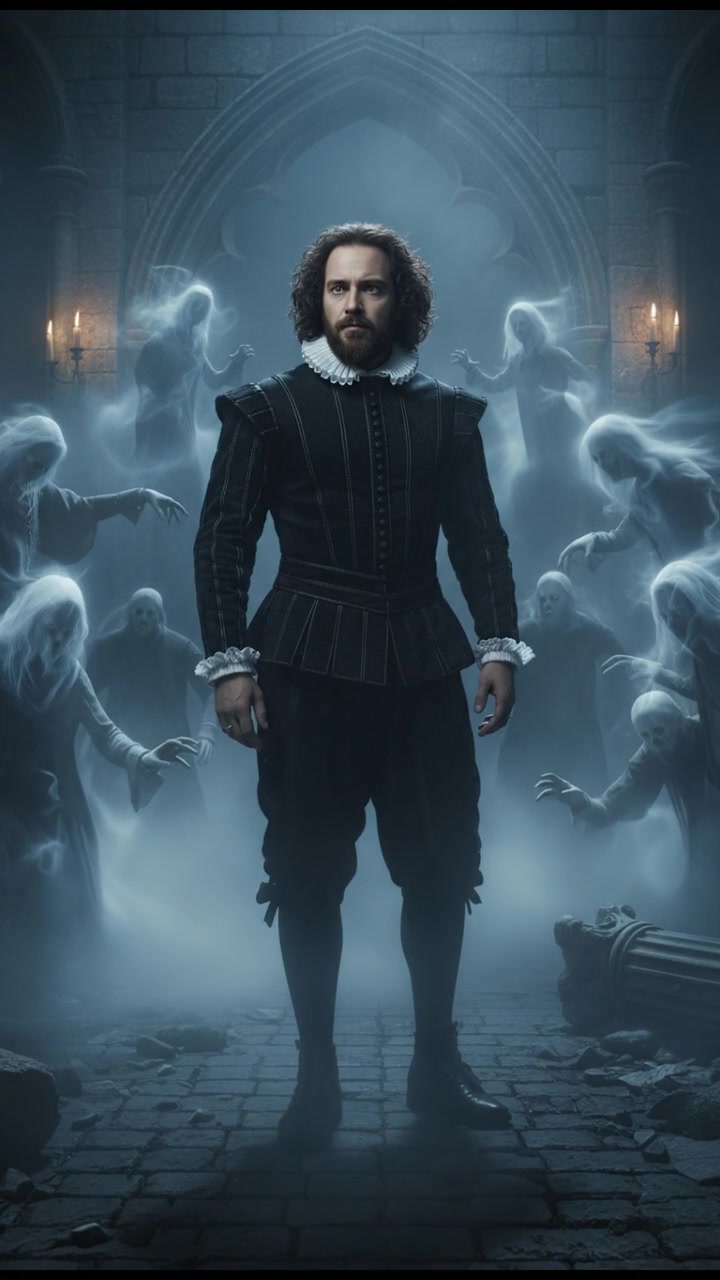 surrounded by ghosts or spirits emerging from the mist, cold light and tense silence