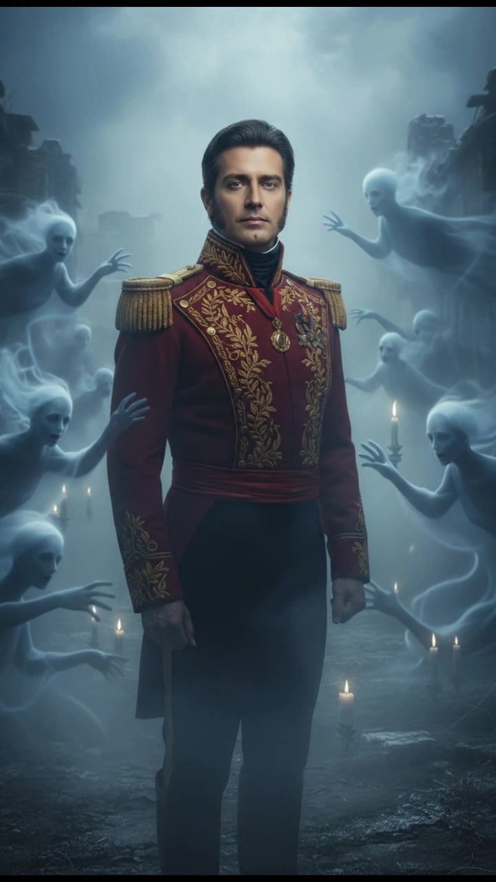 surrounded by ghosts or spirits emerging from the mist, cold light and tense silence