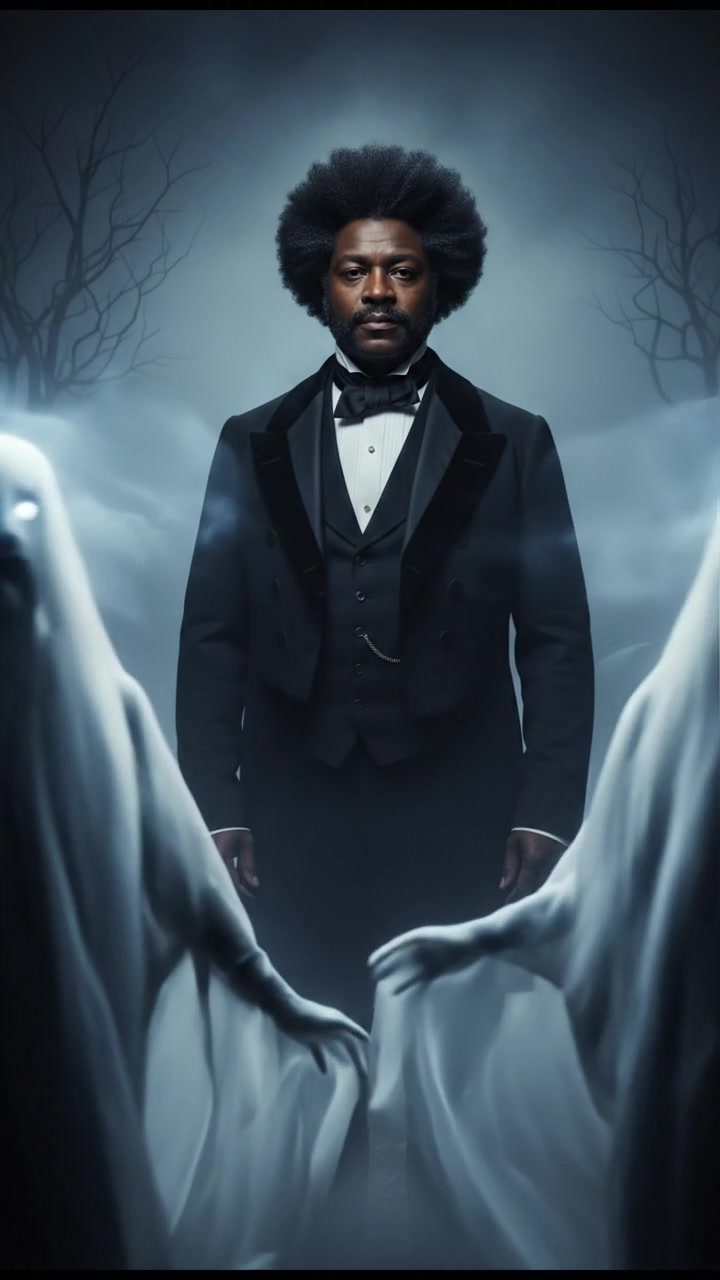 surrounded by ghosts or spirits emerging from the mist, cold light and tense silence