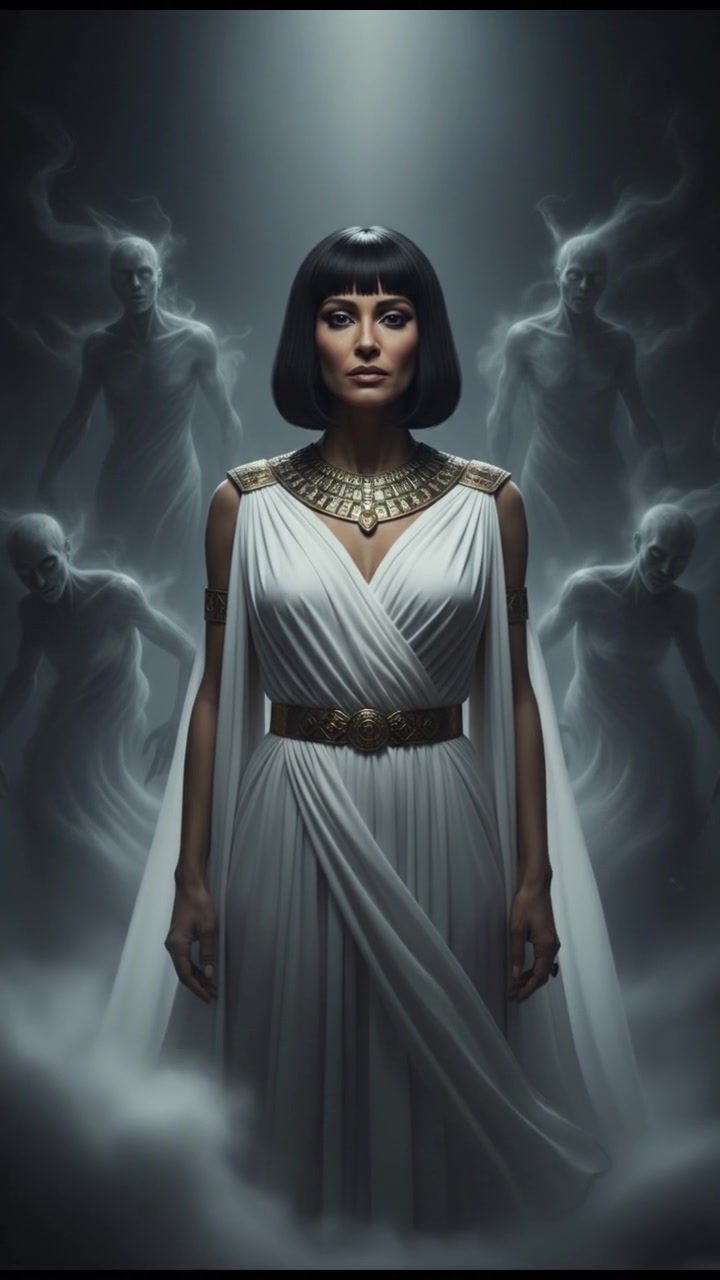 surrounded by ghosts or spirits emerging from the mist, cold light and tense silence