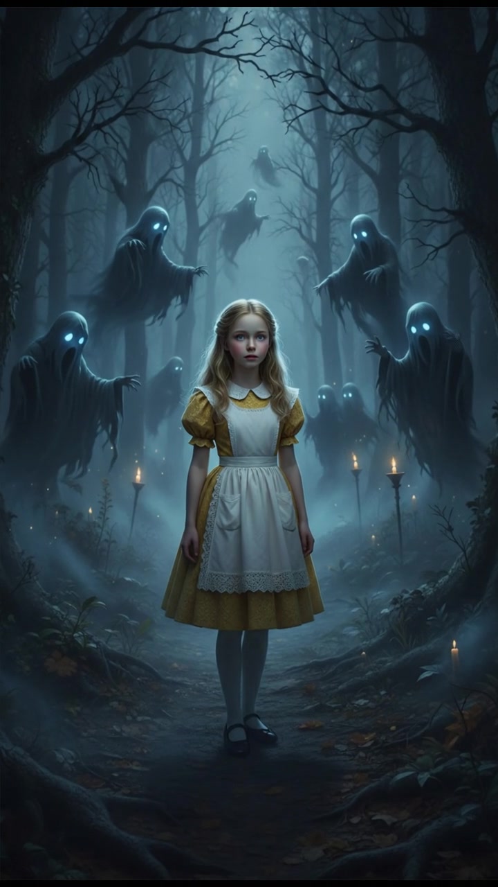 surrounded by ghosts or spirits emerging from the mist, cold light and tense silence