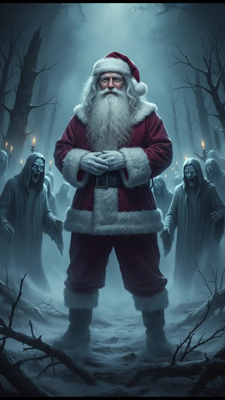 surrounded by ghosts or spirits emerging from the mist, cold light and tense silence