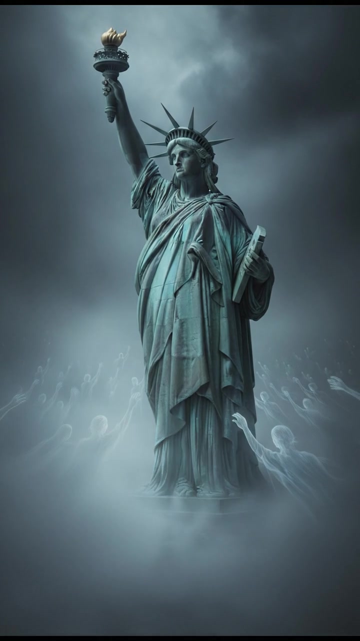 surrounded by ghosts or spirits emerging from the mist, cold light and tense silence