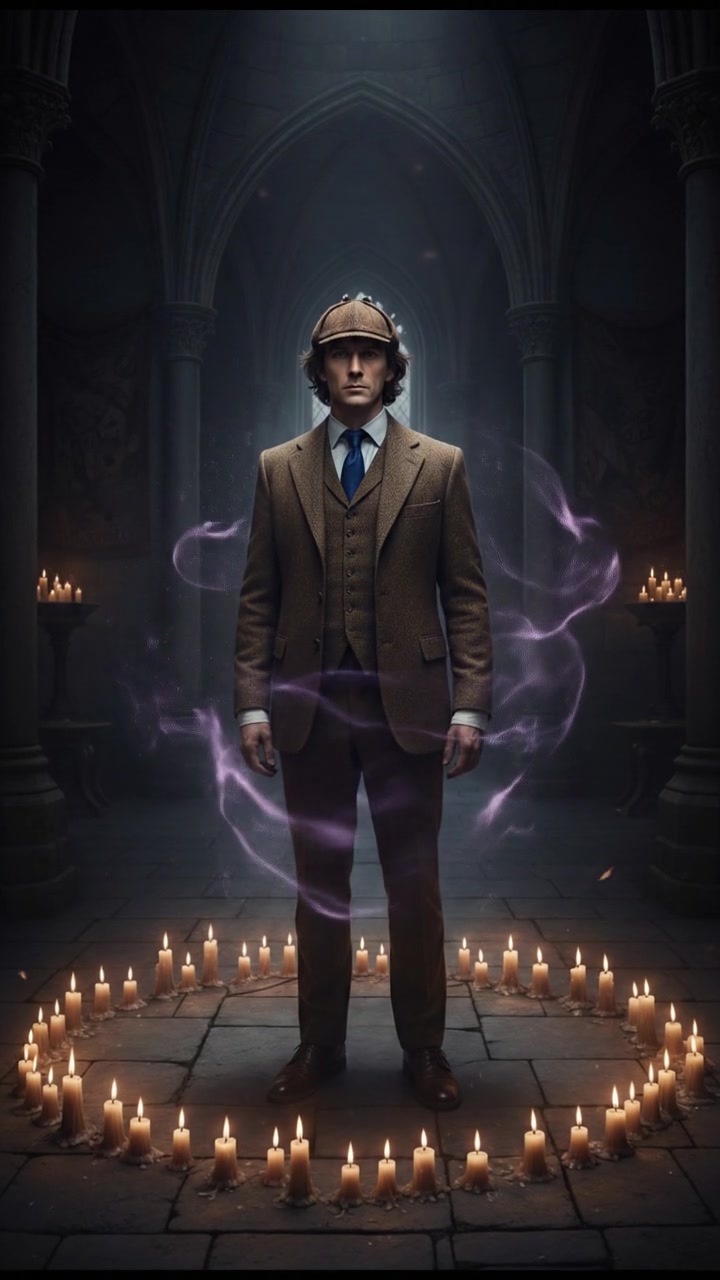 standing in a circle of candles during a strange ritual, dark magic energy filling the air