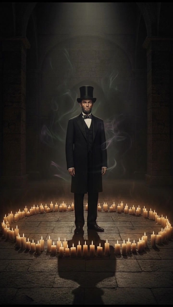 standing in a circle of candles during a strange ritual, dark magic energy filling the air