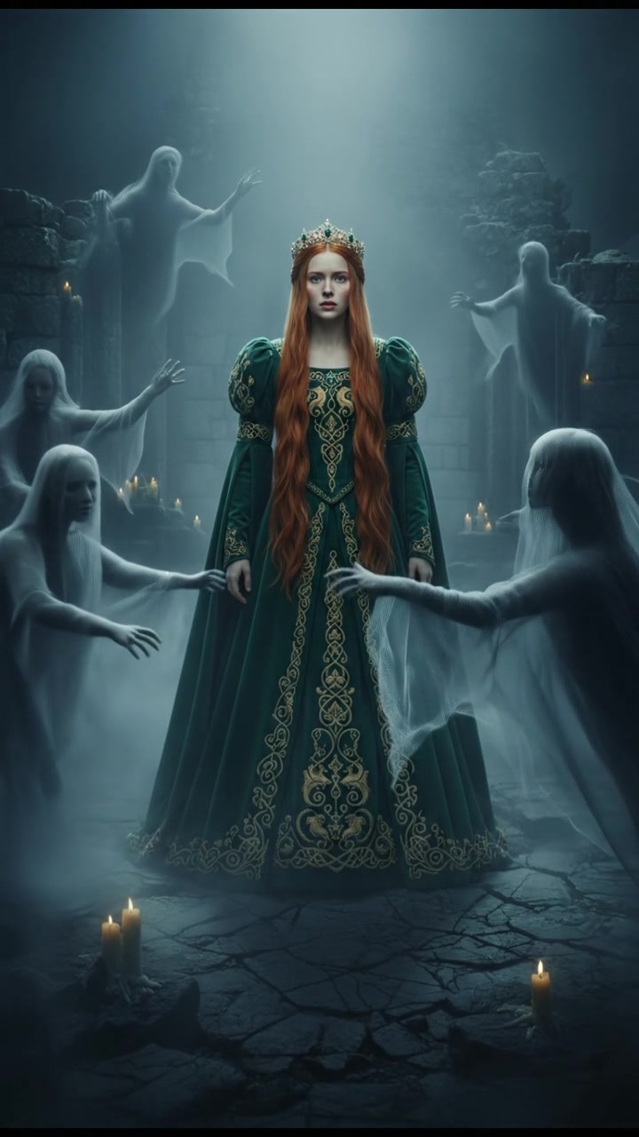 surrounded by ghosts or spirits emerging from the mist, cold light and tense silence