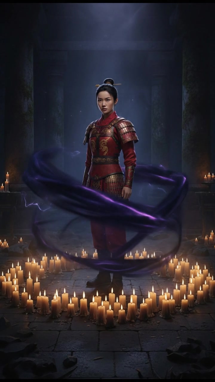 standing in a circle of candles during a strange ritual, dark magic energy filling the air