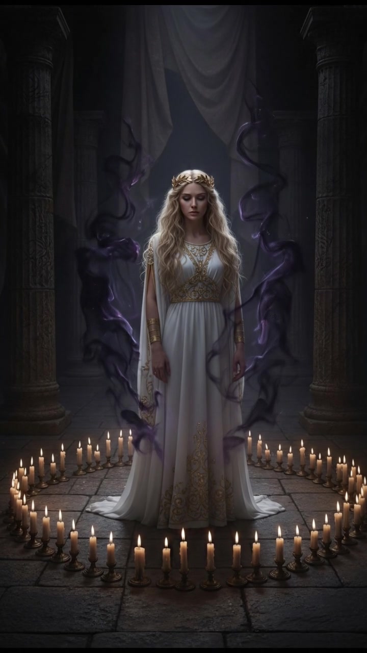 standing in a circle of candles during a strange ritual, dark magic energy filling the air