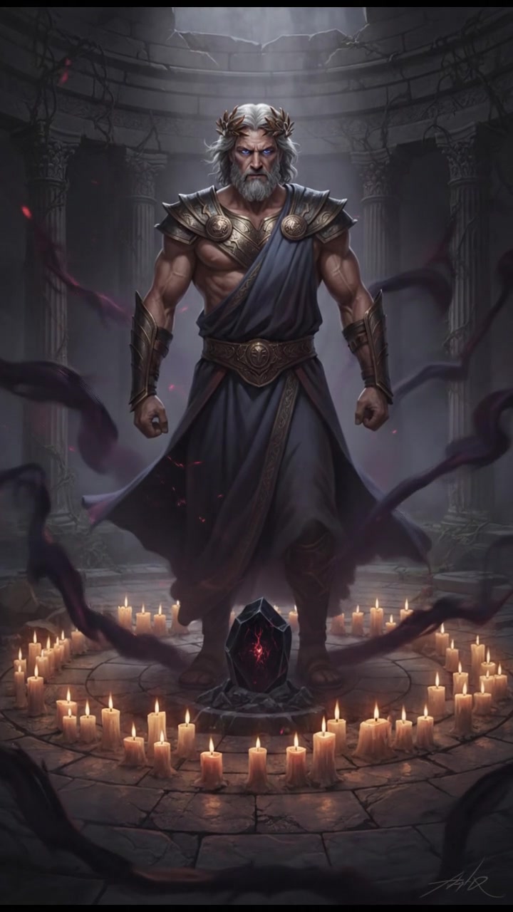 standing in a circle of candles during a strange ritual, dark magic energy filling the air