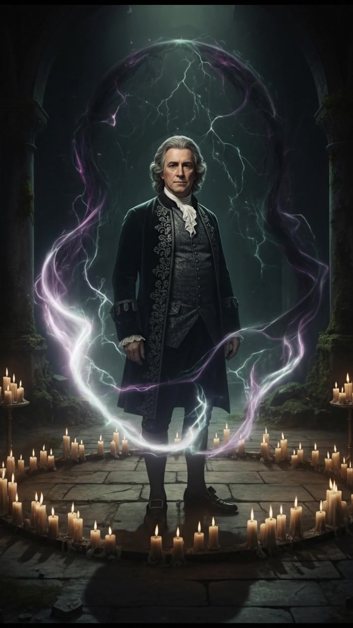 standing in a circle of candles during a strange ritual, dark magic energy filling the air