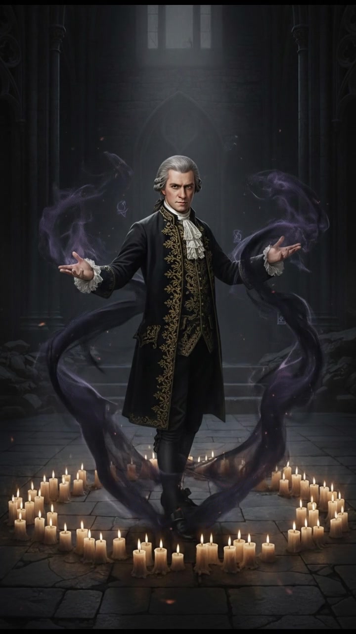 standing in a circle of candles during a strange ritual, dark magic energy filling the air