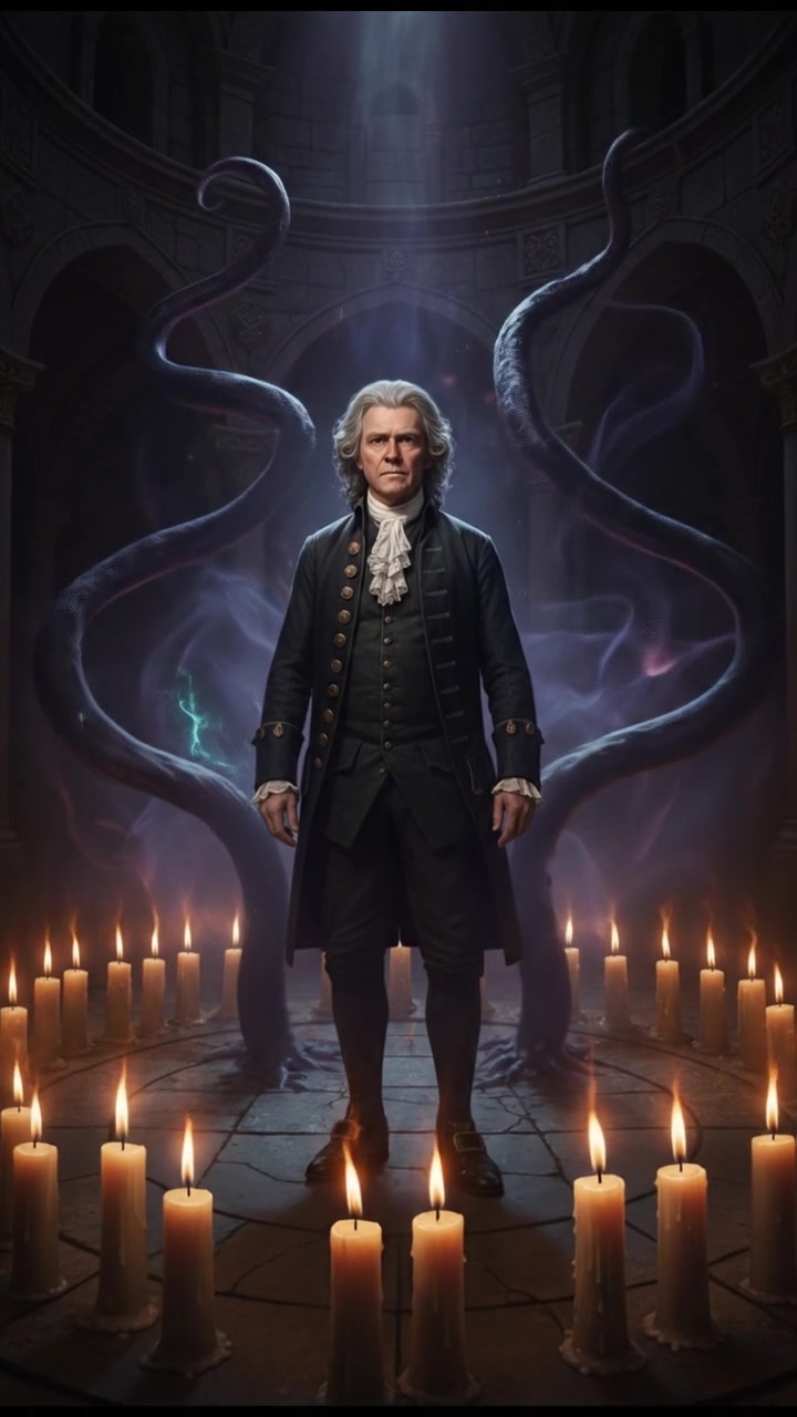 standing in a circle of candles during a strange ritual, dark magic energy filling the air