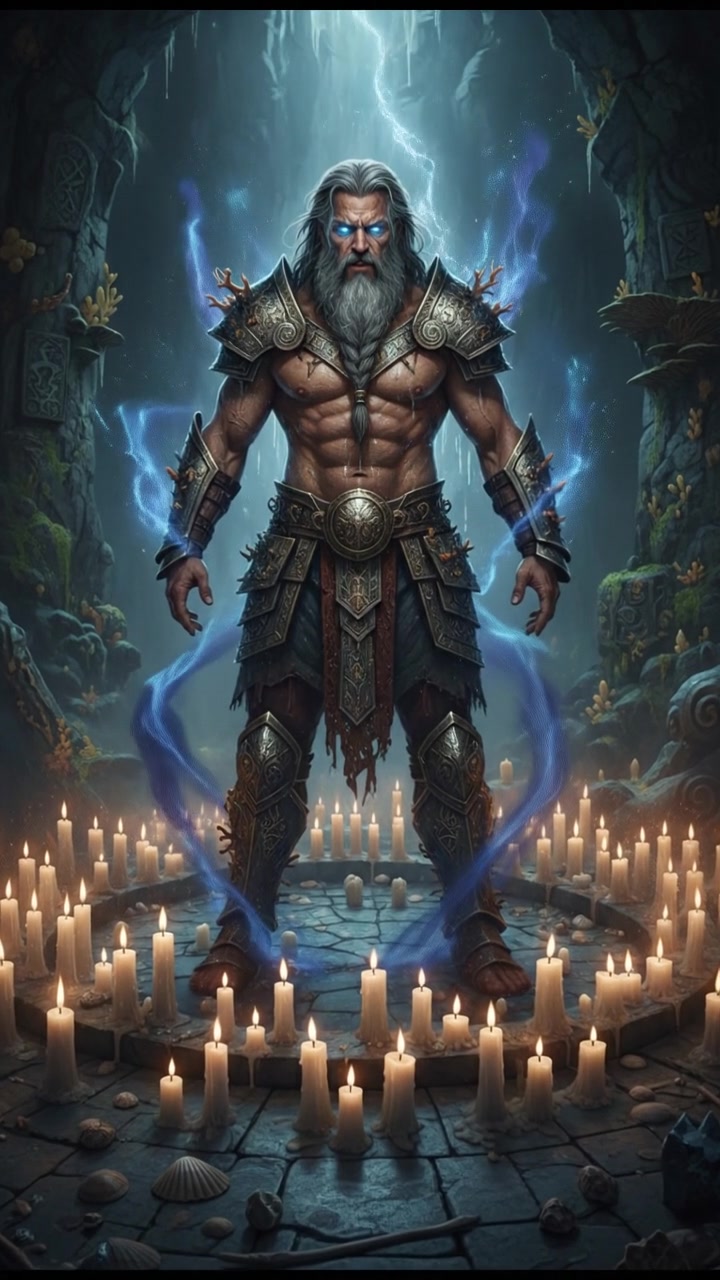 standing in a circle of candles during a strange ritual, dark magic energy filling the air