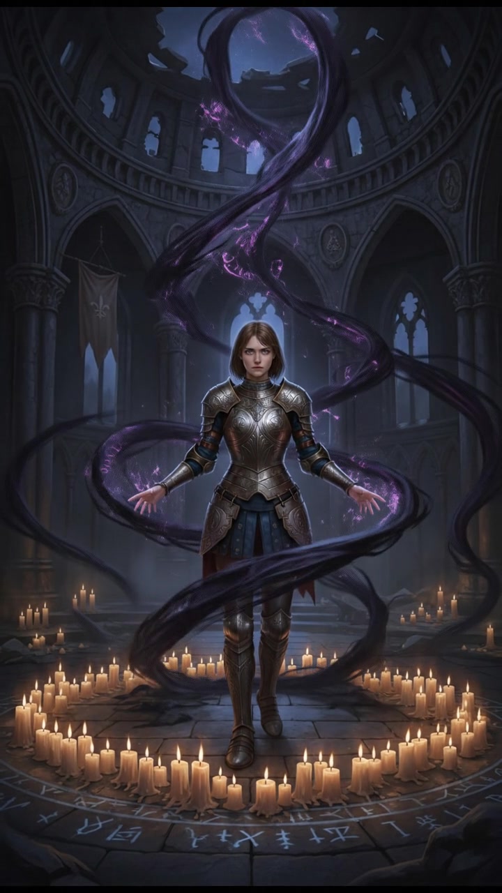 standing in a circle of candles during a strange ritual, dark magic energy filling the air