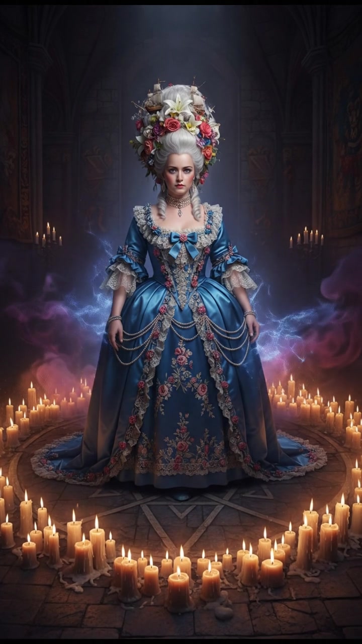 standing in a circle of candles during a strange ritual, dark magic energy filling the air