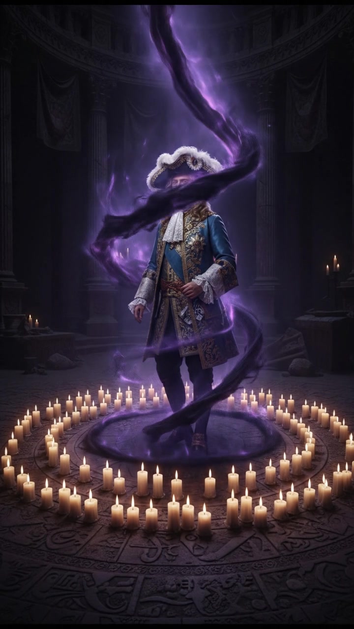 standing in a circle of candles during a strange ritual, dark magic energy filling the air