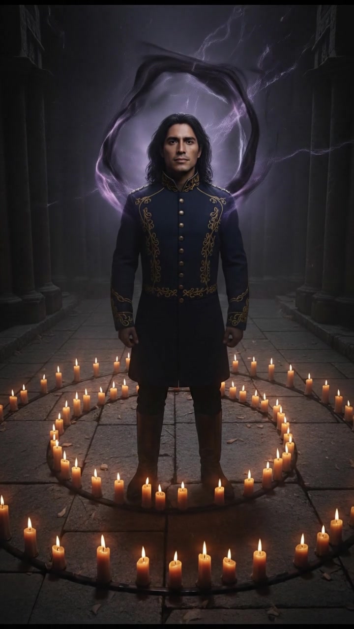 standing in a circle of candles during a strange ritual, dark magic energy filling the air