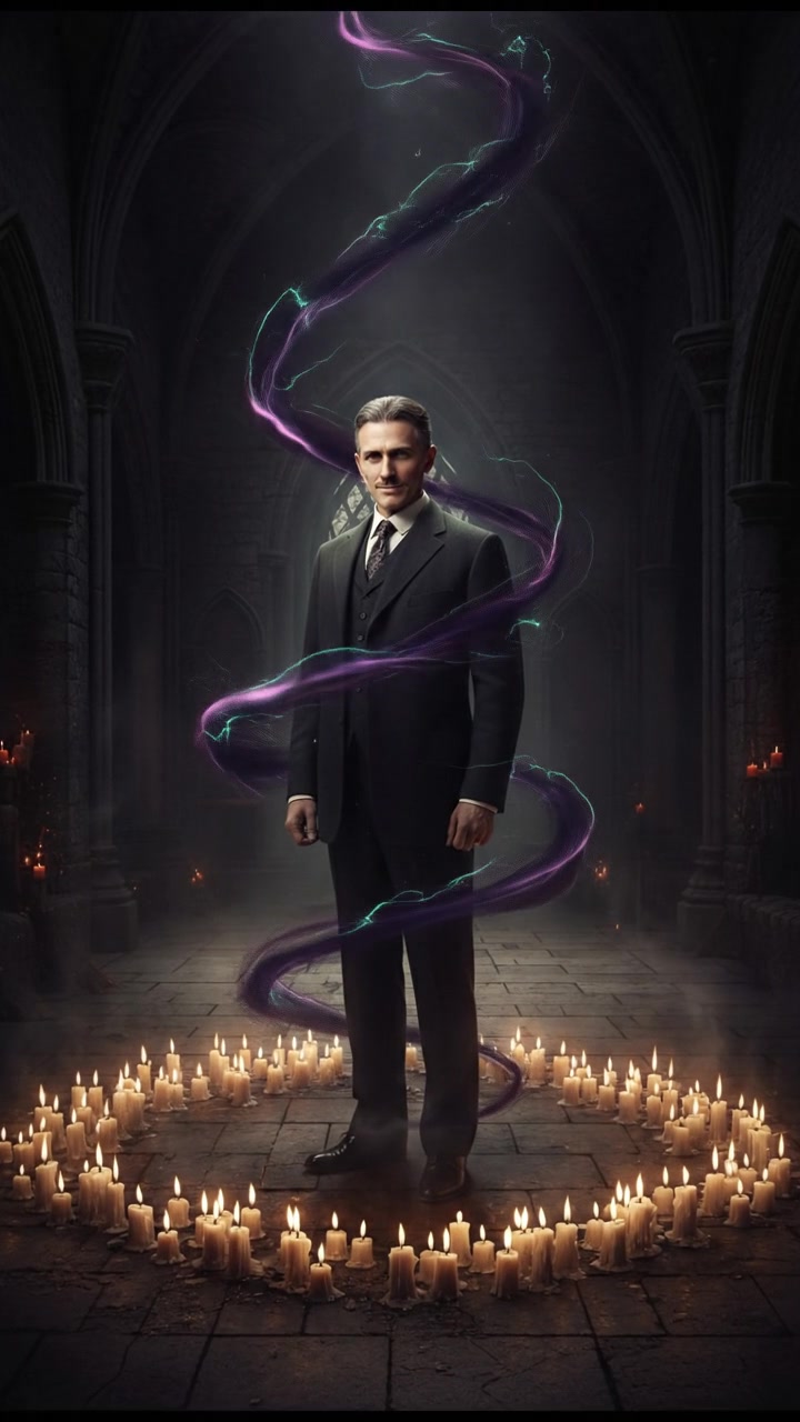 standing in a circle of candles during a strange ritual, dark magic energy filling the air