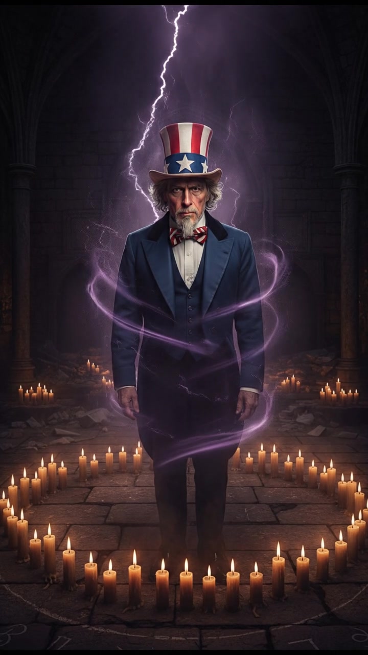 standing in a circle of candles during a strange ritual, dark magic energy filling the air