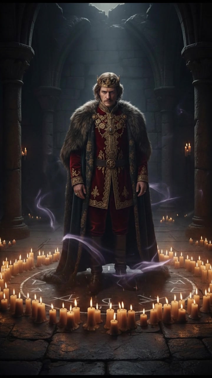 standing in a circle of candles during a strange ritual, dark magic energy filling the air