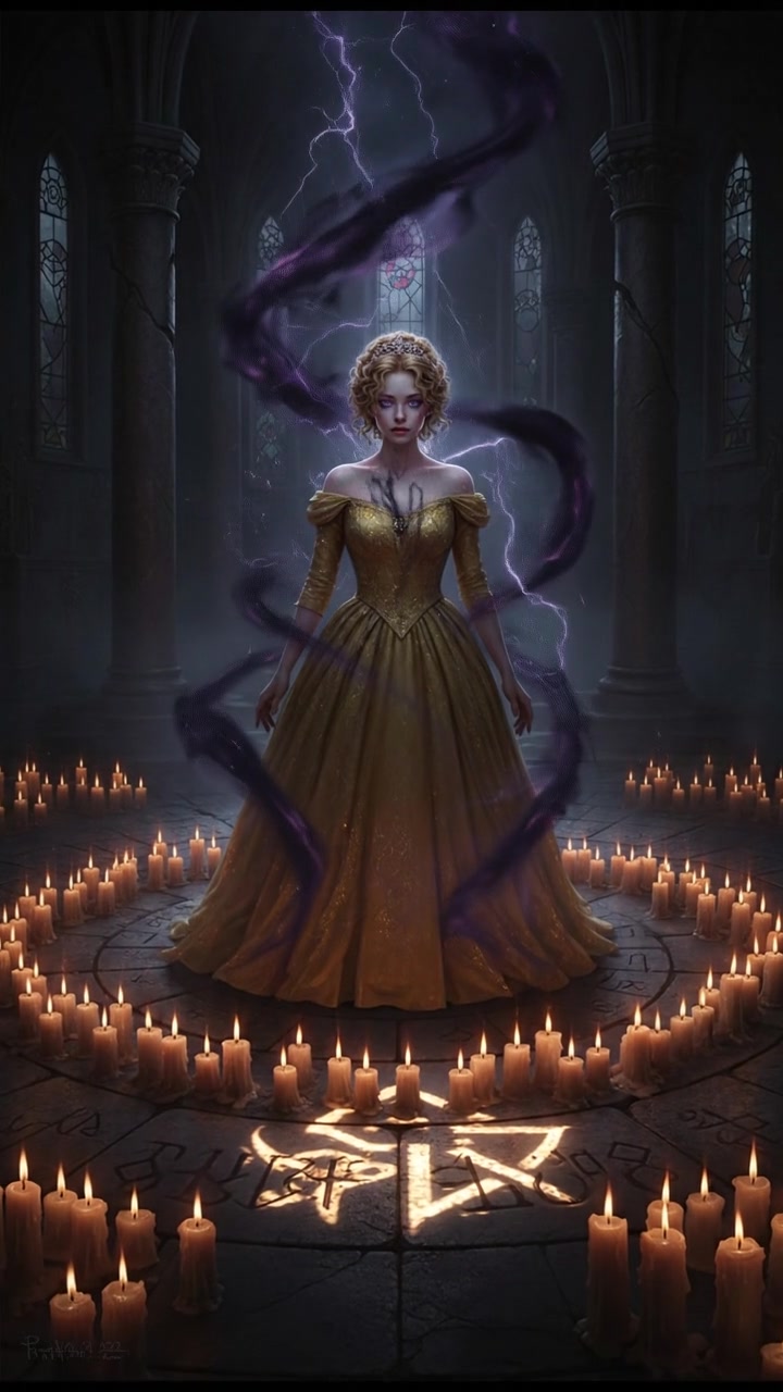 standing in a circle of candles during a strange ritual, dark magic energy filling the air